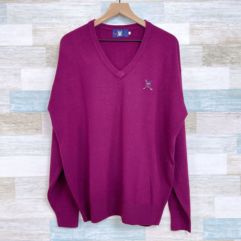 POLO Ralph Lauren Pure Cashmere Sweater Red Golf Shield Logo Vintage Mens XL